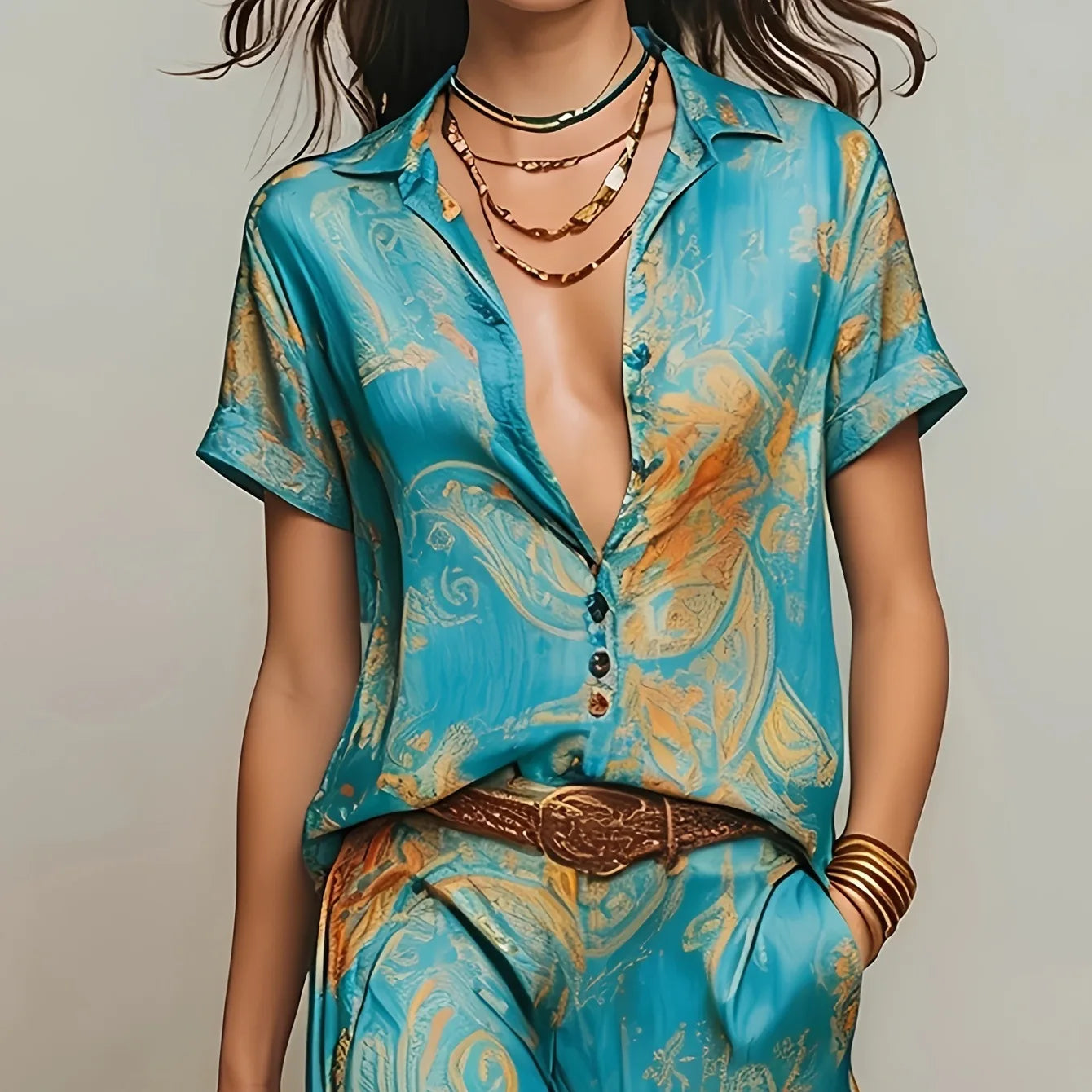 Summer Women's Vintage Print Two-Piece Set for Shirt Collar Button Short Sleeve Top Wide Leg Pants Casual Slim Suit for Vacation