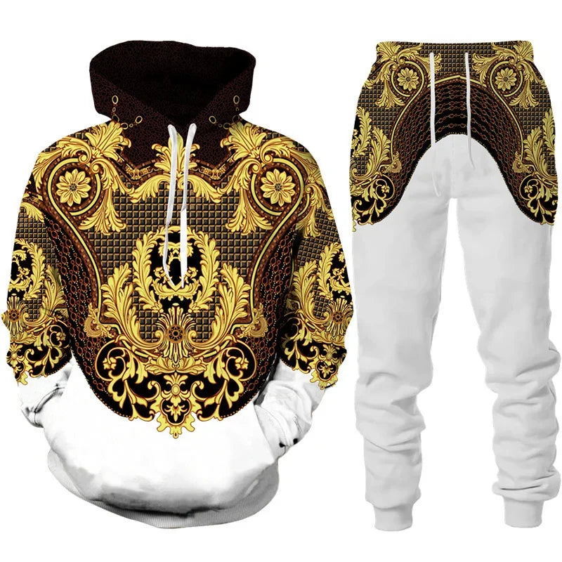 Baroque Court Style Hoodie/Suit Men's Luxury Golden Flower 3D Printed Sweatshirt&Trousers Set Fashion Unisex Streetwear Clothing