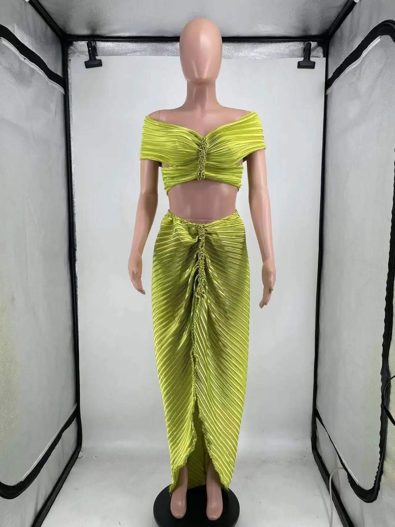 Crop Tops 2 Piece Skirt Sets 2023 Summer Women Elegant Luxury Party Club Long Pleated Dress Sexy Two Piece Skirt Set Outfit