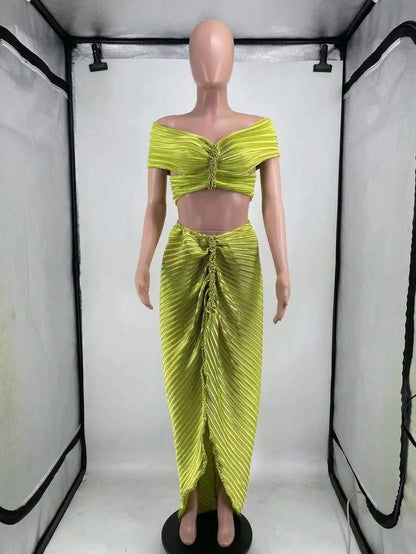 Crop Tops 2 Piece Skirt Sets  Summer Women Elegant Luxury Party Club Long Pleated Dress Sexy Two Piece Skirt Set Outfit