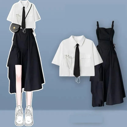 Women's Summer New In Fashion Irregular Dress Matching Set Korean Elegant Short Sleeve Shirt+Strap Skirt Two Piece Suit
