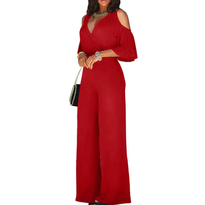 Spring And Autumn Women Jumpsuit Hollowed Out Strapless Solid Color Women Jumpsuit V-neck High Waist Belt Wide-leg Pant