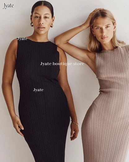 Sleeveless Pleat Knit Dress Round Neck A-line Pit Strip Slim Long Dress Sundress Solid Color Casual Women Summer Dresses