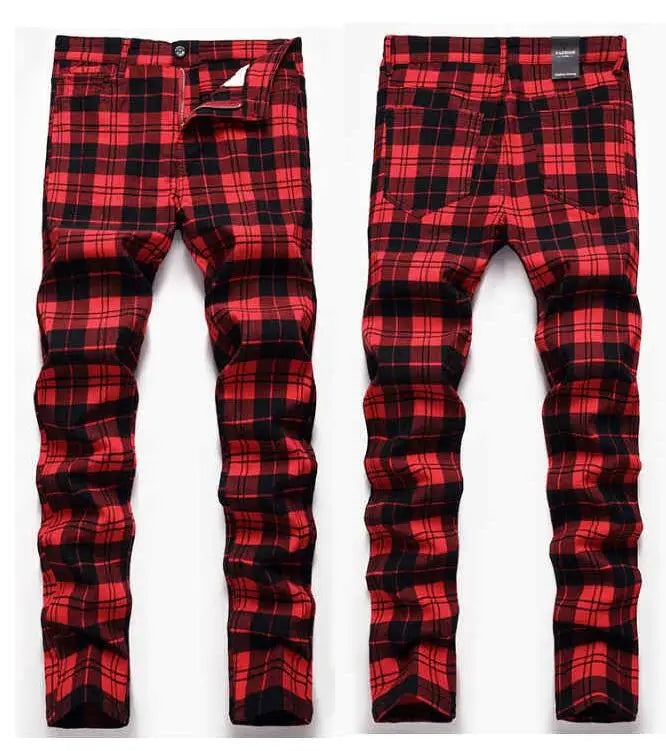 Men's Casual Pants Street Stretchy Skinny Pants Straight Plaid Business Pants Slim Fit Trousers