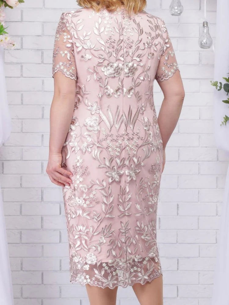 4XL 5XL Übergröße Sommerkleider für Hochzeitsgäste Damen Kurzarm Spitze Blumen Elegant Enganliegend Formelle Partykleider