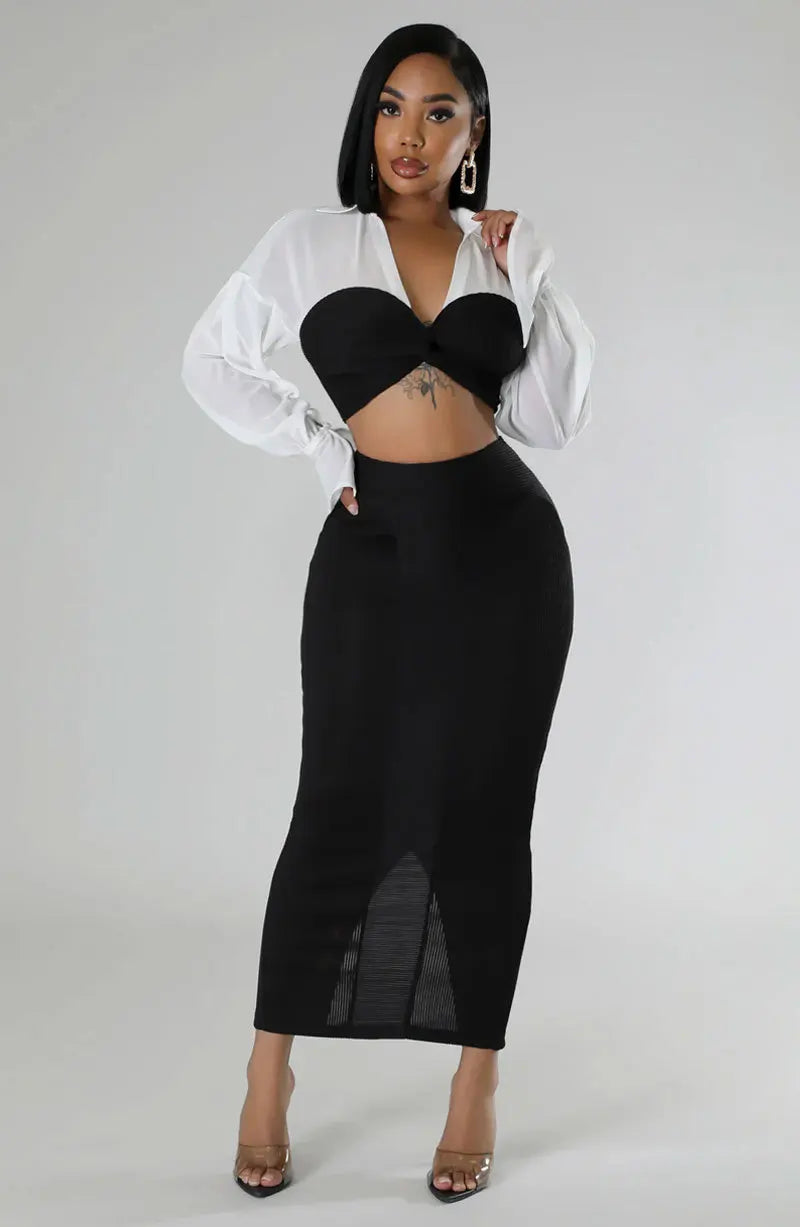 CM.YAYA Womens Two 2 Piece Sets Full Sleeve Shirt and Split Long Skirt Suit  Fall Streetwear Sexy Night Club Party Outfits