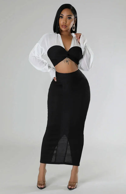 CM.YAYA Womens Two 2 Piece Sets Full Sleeve Shirt and Split Long Skirt Suit  Fall Streetwear Sexy Night Club Party Outfits