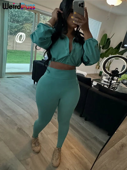 Weird Puss  Autumn Women 2 Piece Set Casual Tracksuit Zipper Thin Drawstring Jacket+Leggings Matching Streetwear Sporty Suit