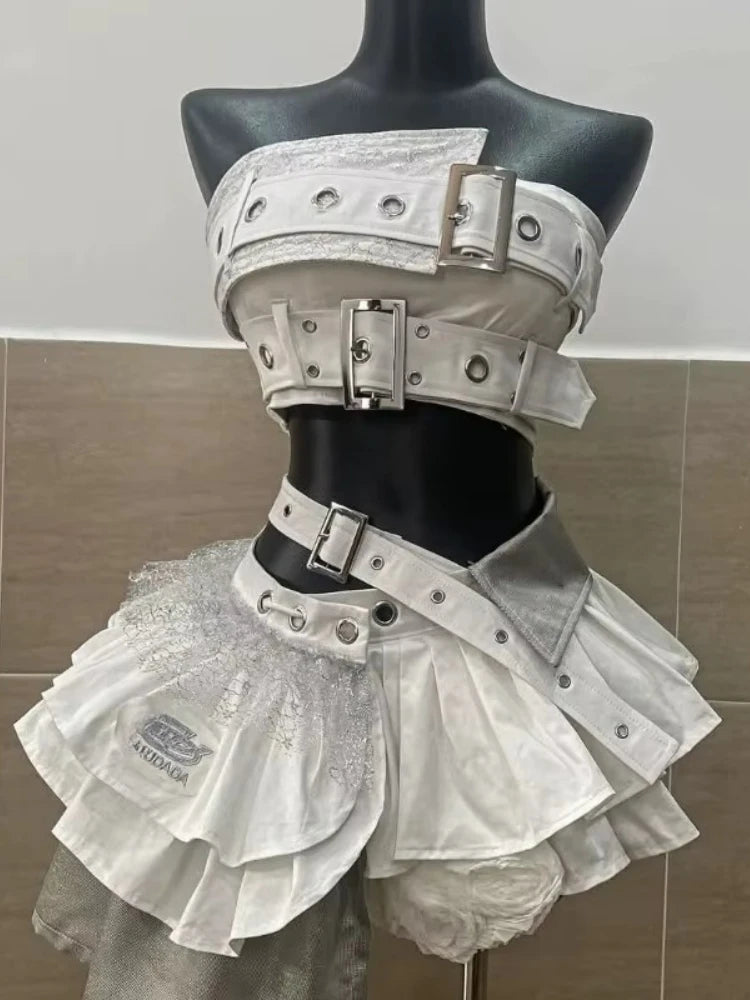 Vintage Summer Elegant Y2K Woman 2 Piece Sets Punk Gothic Strapless Crop Tops +High Waist Ruffle Skirt Female Party Outfits