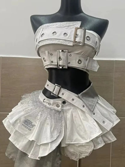 Vintage Summer Elegant Y2K Woman 2 Piece Sets Punk Gothic Strapless Crop Tops +High Waist Ruffle Skirt Female Party Outfits