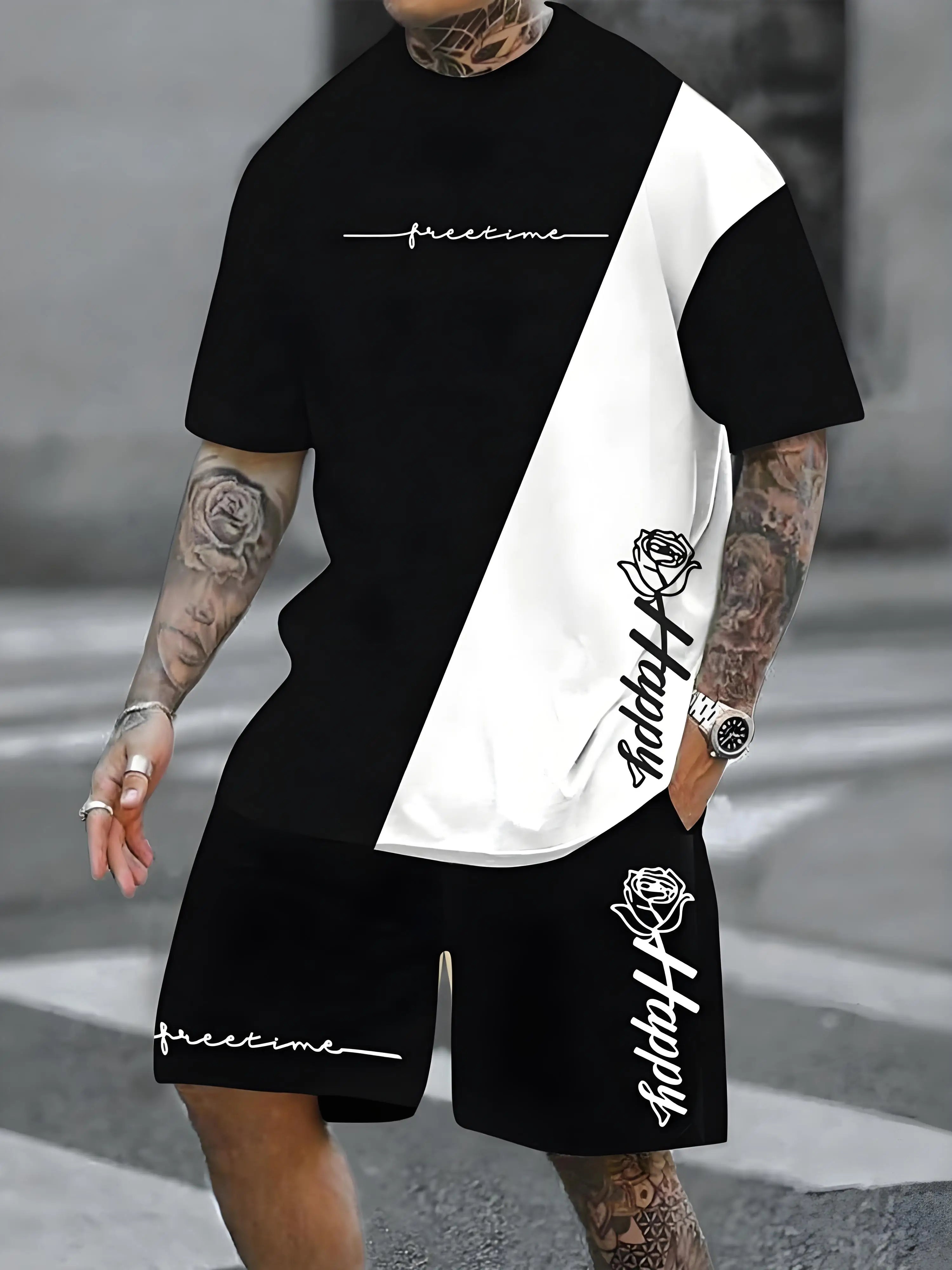 New Plus Size Men's T-shirt And Shorts Set Summer Casual Daily Men's Short Sleeve Top Urban Street Men's Fashion T Shirt Shorts