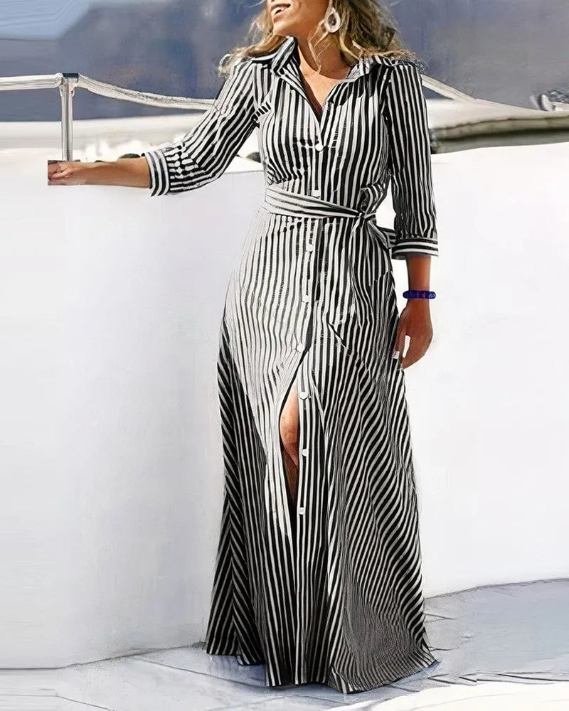2024 Spring New Fashion Long Sleeved Print Lace-Up Shirt Dress For Women Turn Down Collar Single Breasted Maxi Dress Femme Robe