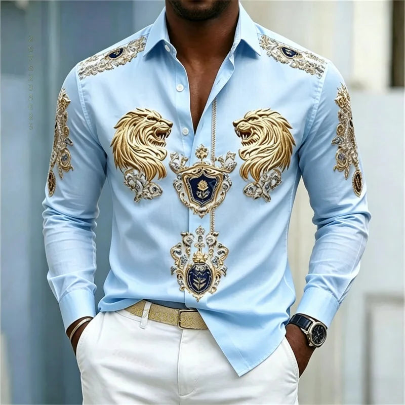 Men's shirt Baroque style shirt Lion head slim fit design long sleeved shirt Business casual street style men's clothing XS-6XL