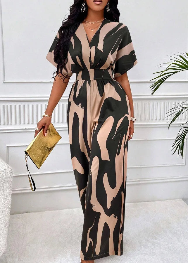 2024 Women Wide Leg Jumpsuit Spring Summer Fashion V Neck Short Sleeve High Waist Full Body Printed Jumpsuits Casual One Pieces