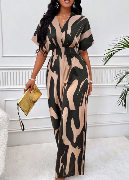 Women Wide Leg Jumpsuit Spring Summer Fashion V Neck Short Sleeve High Waist Full Body Printed Jumpsuits Casual One Pieces