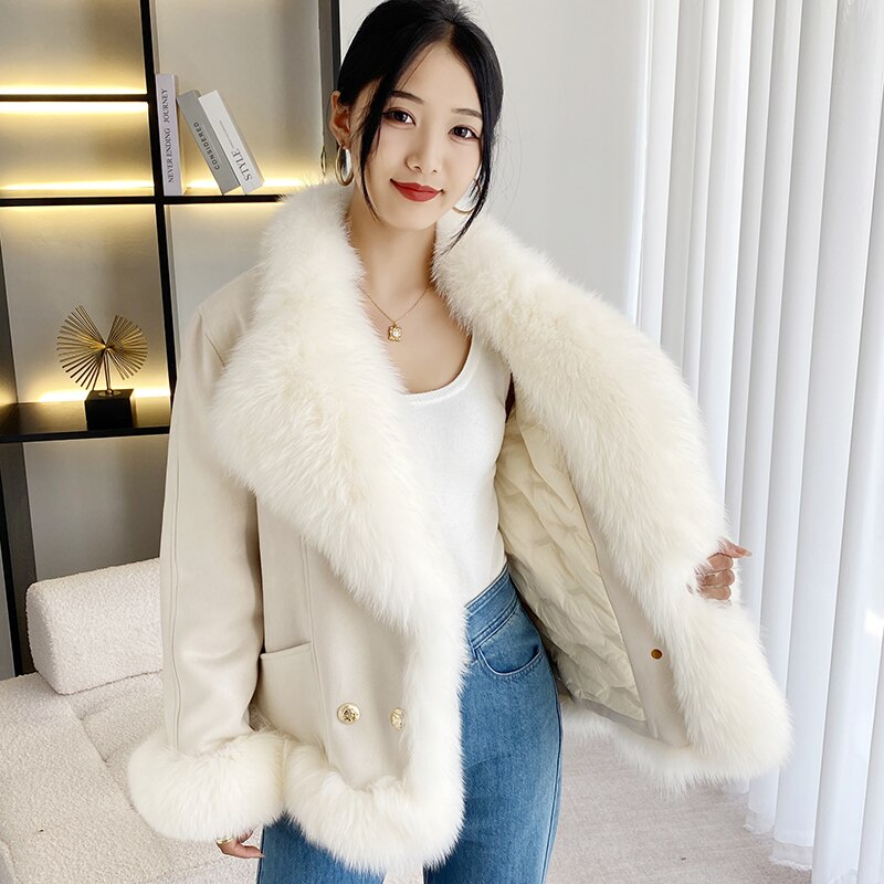 2023 New Fox Fur Collar Fur Coat Female Chamois Leather Korean Version Inner Coat Goose Down Down Coat Winter Top