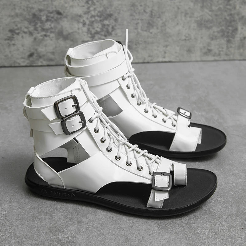 White Sandals for Men Leather 2023 Summer New Beach Roman Sandals Comfortable Shoes Lace-up Outdoor Sandals Fashion Luxury Brand
