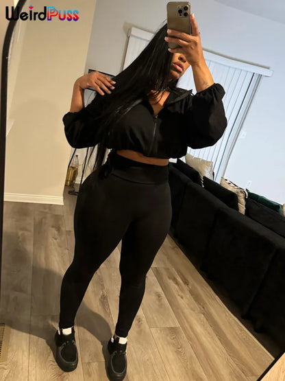 Weird Puss  Autumn Women 2 Piece Set Casual Tracksuit Zipper Thin Drawstring Jacket+Leggings Matching Streetwear Sporty Suit