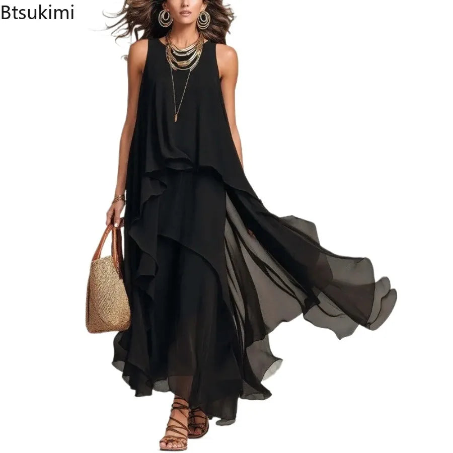 Woman Elegant Solid Dress Summer Casual O Neck Sleeveless Asymmetrical Ruffle Layered Chiffon Maxi Dress Holiday Party Dress