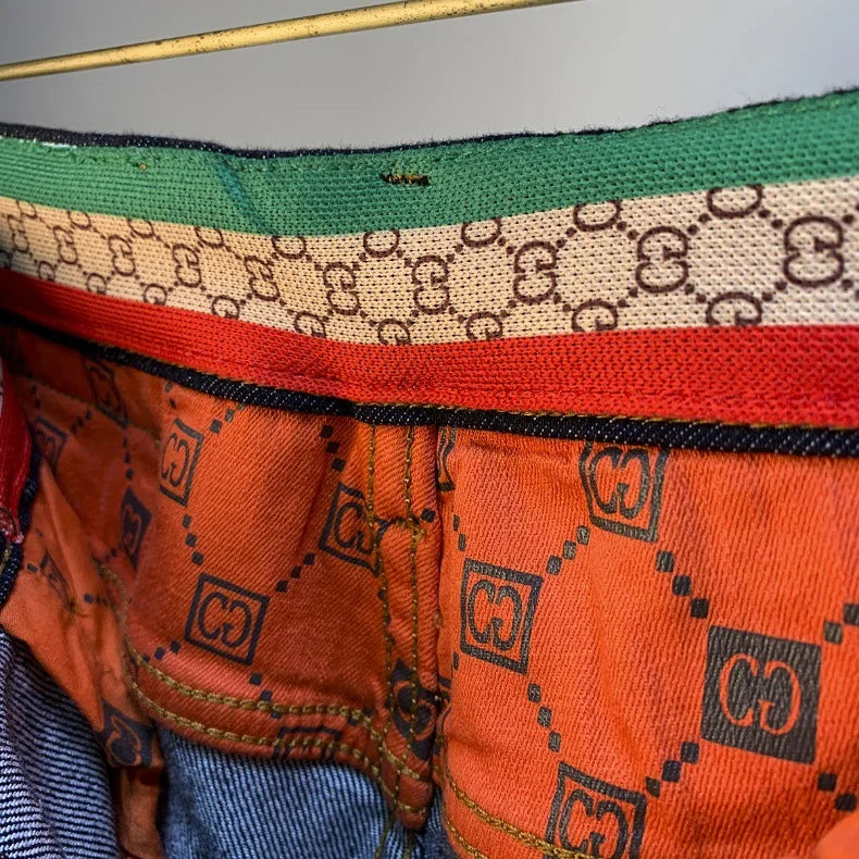 High end light luxury men jeans autumn new item dark blue fashion printed casual straight slim fit cotton washed denim pants