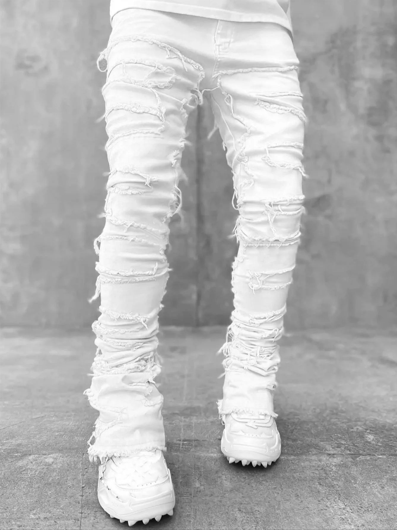 New European Camo Pants Men High Street Slim Fit Stretch Patched Denim Ripped Male's Stacked Jeans