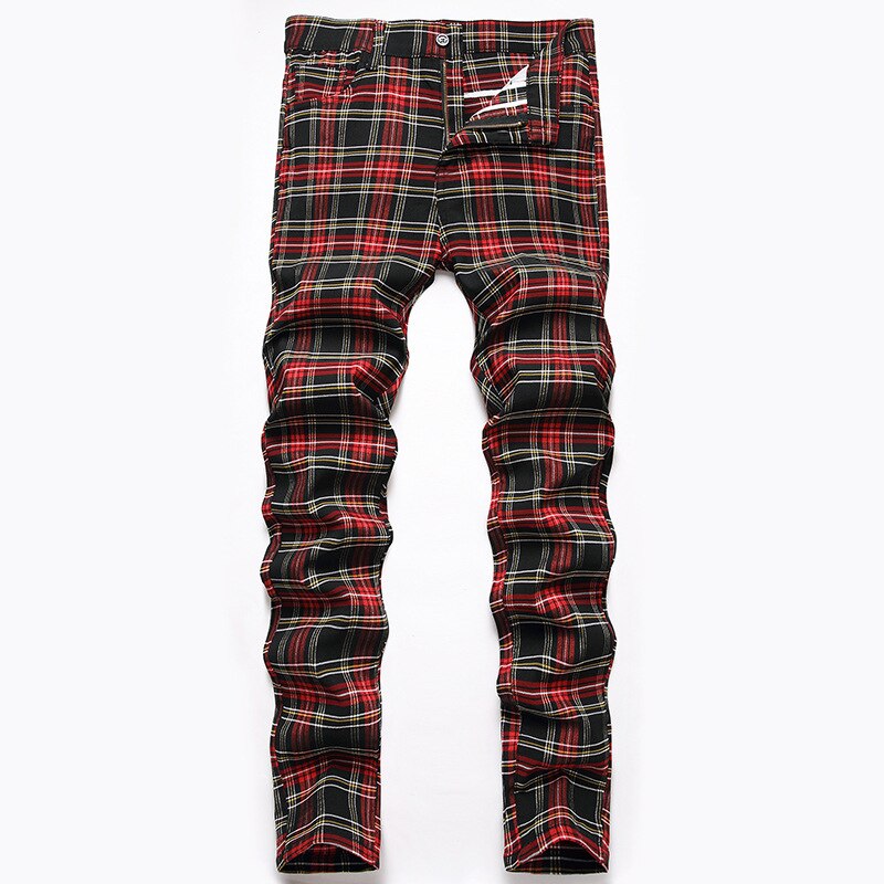 Original Design Men&#39;s Elastic Jeans British Style Personality Digital Printing Colour Plaid Middle Waist Leisure Slim Pants