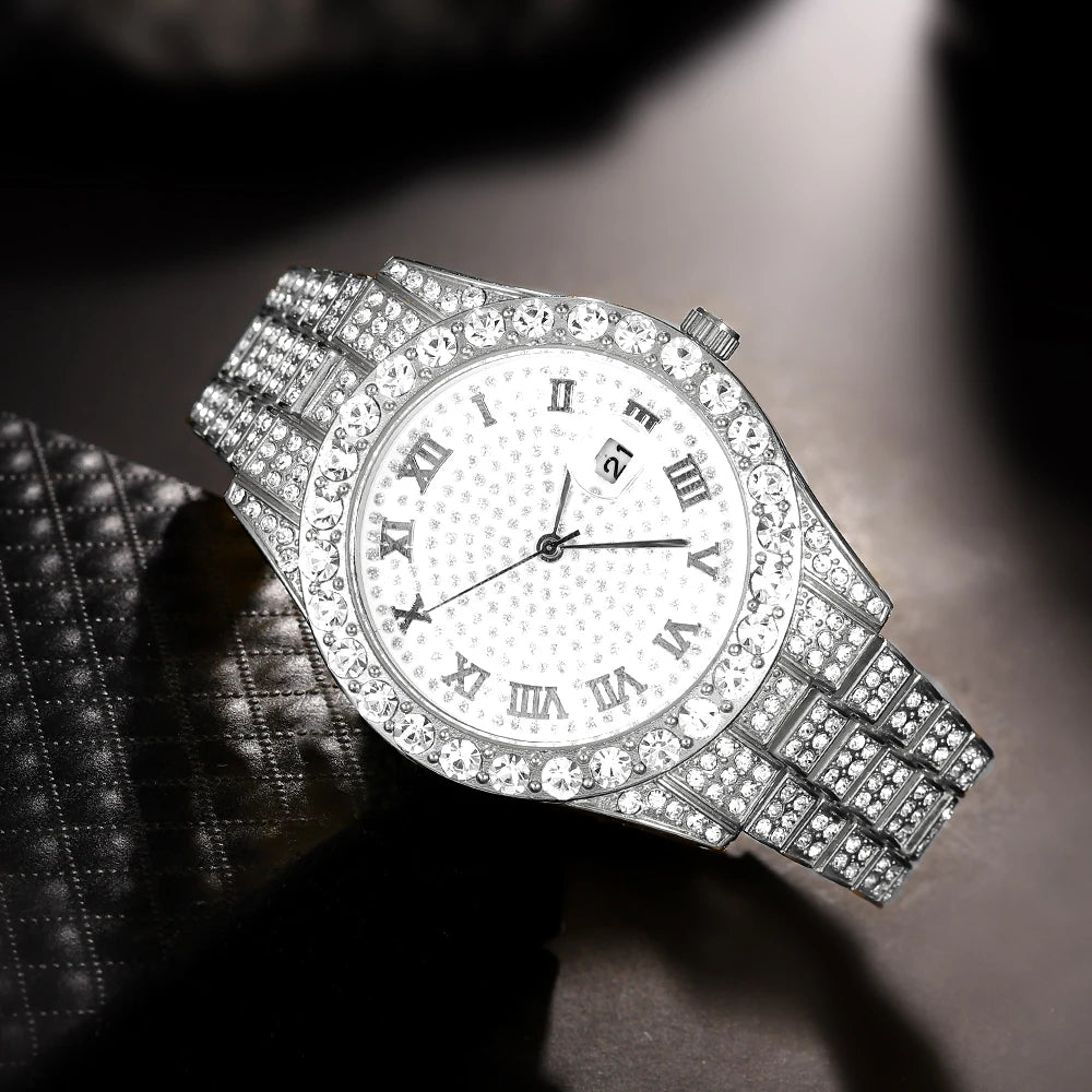3pcs Men's Silver Watch Set Hip-hop Punk Inlay Diamond Watch+Cuban Chain+Bracelet Comes With Strap Adjuster Stylish Jewelry Gift