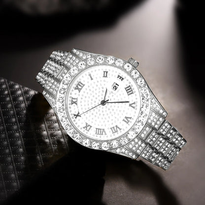 3pcs Men's Silver Watch Set Hip-hop Punk Inlay Diamond Watch+Cuban Chain+Bracelet Comes With Strap Adjuster Stylish Jewelry Gift