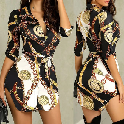 Autumn New Women's Dress Fashionable Sexy Gold Chain Slim Fit Printed Single Breasted Lace Up Waist Cinching Short Skirt