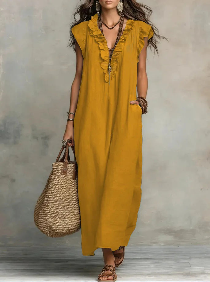 Women's Retro Bohemian Ruffle Linen Maxi Dress, Ruffle V-Neck Sleeveless Loose Summer Dress with Pockets, Summer Casual High-Waist Loose Beach Maxi Dress, Sunny Dress with Flutter Sleeves and Floor-Length Skirt