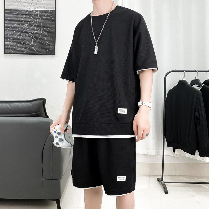 Legible Summer Solid Shorts Sets Men Casual Two Pieces Short Sleeve T Shirts and Short Pants Man