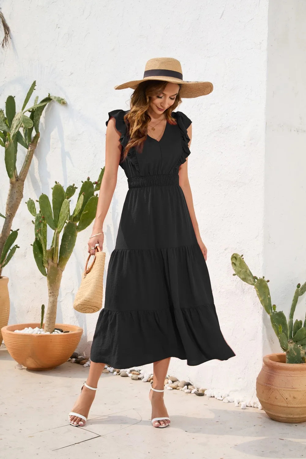 Summer Woman Dress V Neck Sleeveless Red Dresses High Waist A Line Green Maxi Dress Tiered Skirt Boho Black Casual Dress