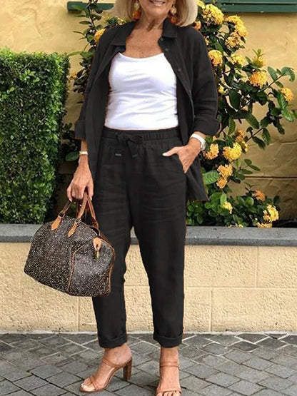 Cotton Linen Set Women Spring Summer Loose Oversize Long Sleeve Shirt Long Pants 2 Piece Sets Casual Office Ladies Trousers Suit