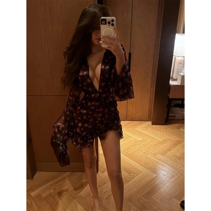 Sexy Flora Painted Ruffle Slim Dress Women Chic Full Sleeves Deep V-neck A-line Short Dresses 2026 Lady Night Club Street Gown