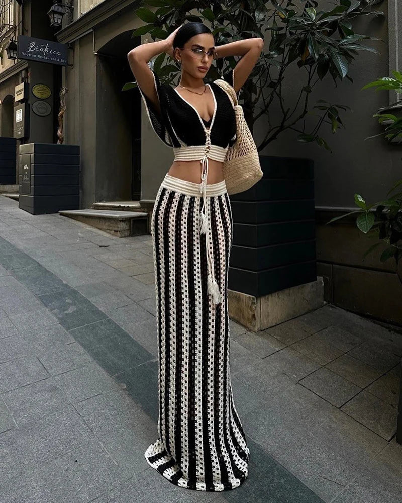 Summer 2 Pieces Women Sets Streetwear Beach Elegant Knitted Sexy V-Neck Hollow Striped Short Sleeve Top Two Piece Maxi Skirt Set