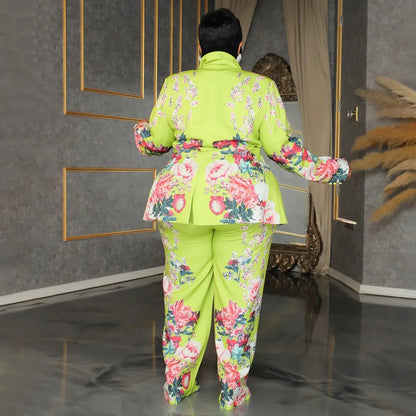 CM.YAYA Plus Size Women's Set Long Sleeve Floral Print Blazer +Wide Leg Pants Suit  Fall Two 2 Piece Set Outfits Tracksuit