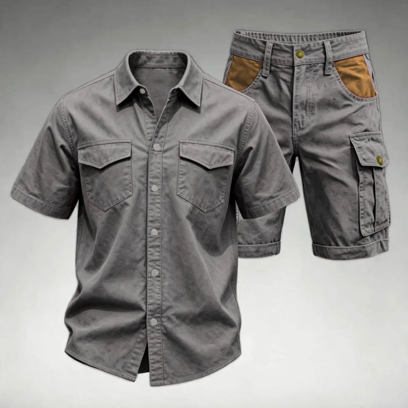 2026 Male Vintage Mens Multi Pocket Outfits Stylish Men Patchwork Shirt Shorts Sets Outdoor Casual Short Sleeve Two Piece Suits