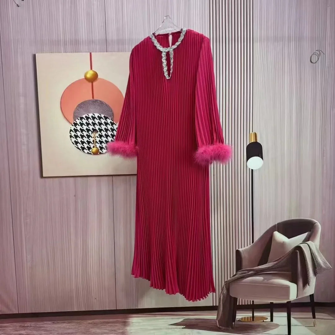 Pleated Ruffles Long Dresses Women Full Sleeve Round Collar A Line Lace-up Solid Color New 2024 Female Dress