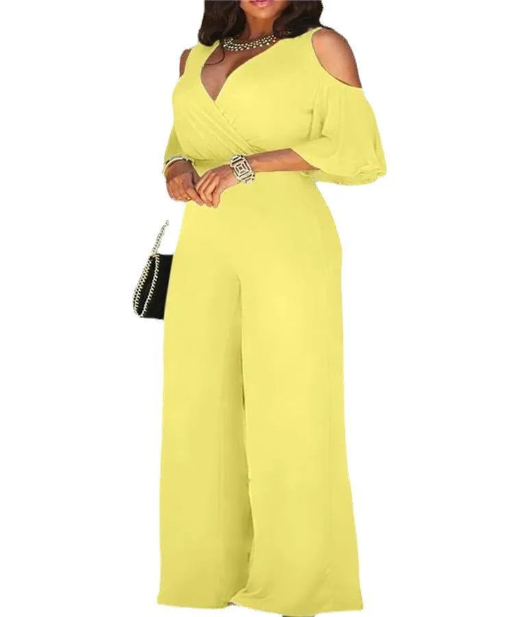 Spring And Autumn Women Jumpsuit Hollowed Out Strapless Solid Color Women Jumpsuit V-neck High Waist Belt Wide-leg Pant