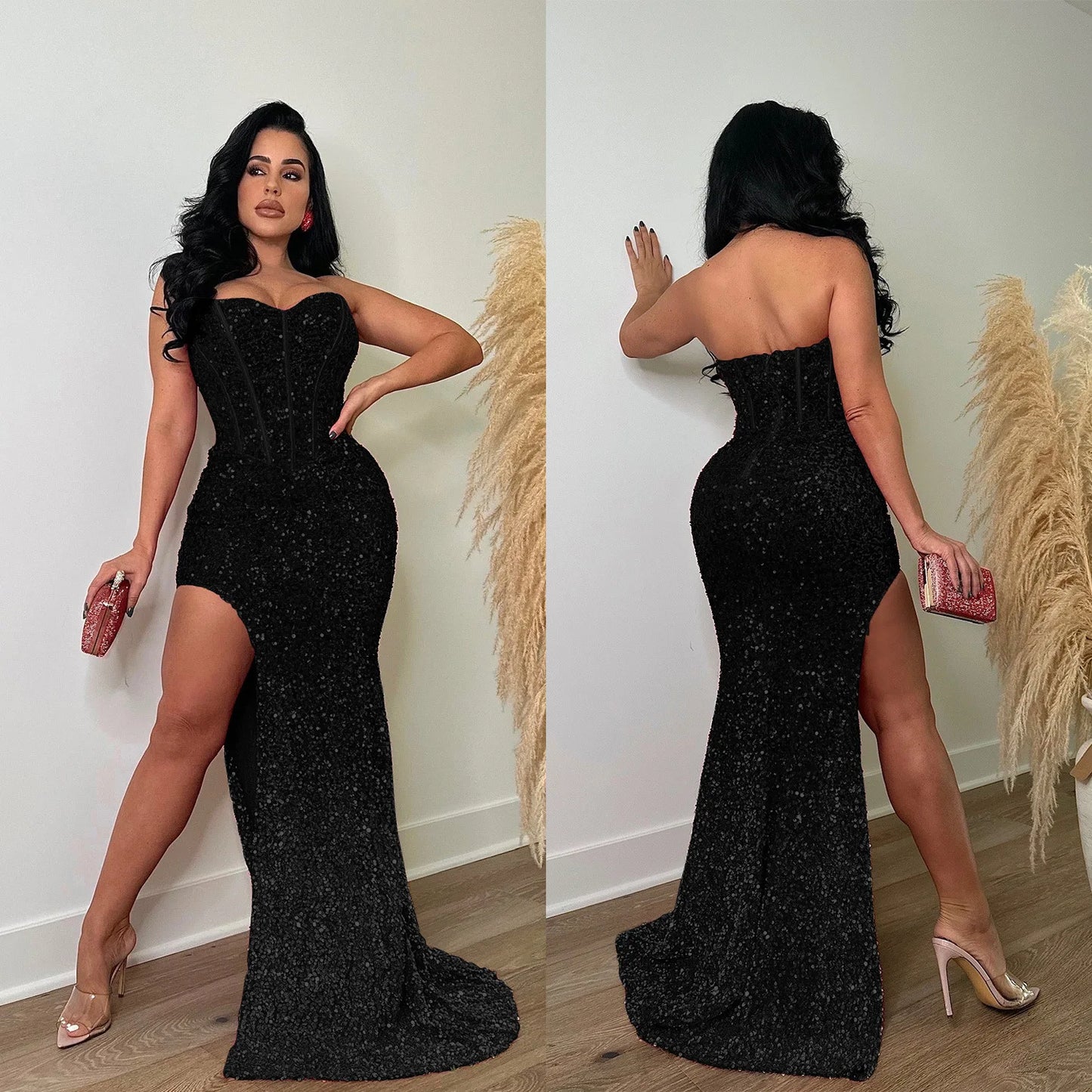 Sexy Birthday Party Prom Long Slit Corset Dress Luxury Sleeveless Strapless Night Club Outfits For Women Evening Wedding Gowns