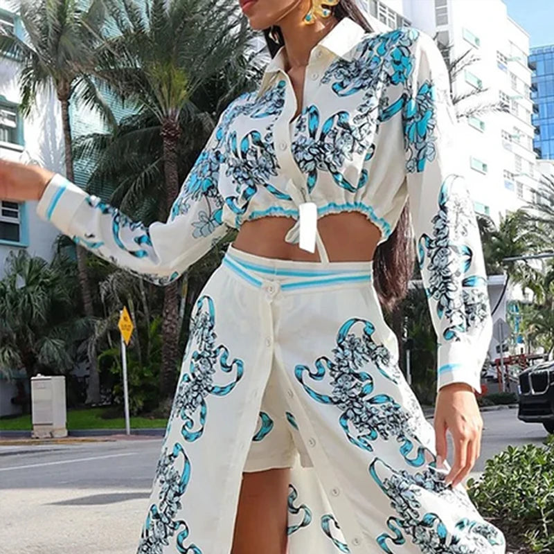 Wefads Two Piece Set Summer Women Casual Lapel Long Sleeve Printed Single Breasted Button Top Long Skirt Shorts Pants Sets