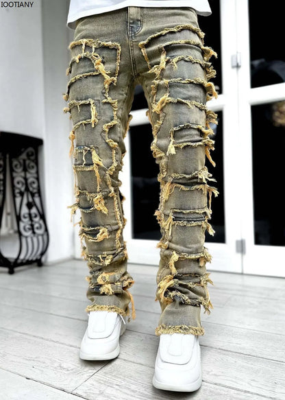 New Fashion Stretch Jeans Man Stacked Jeans Elastic Waist Straight Fit Patchworks Denim Long Pants Fringe Ripped Jeans For Men