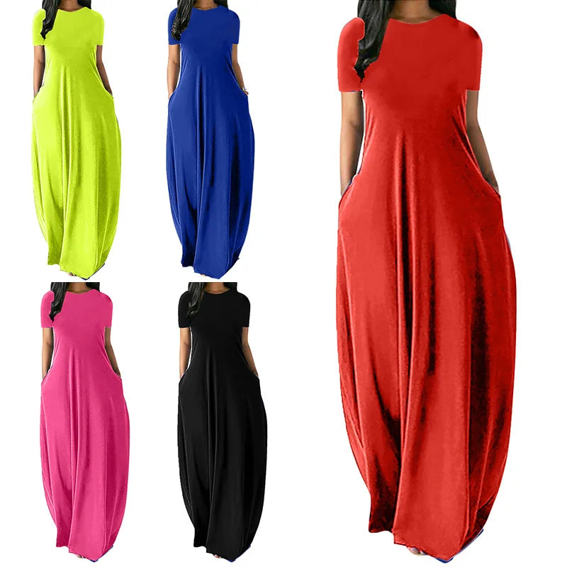 Women Casual Short Sleeve Long Dress Loose Double Pocket Dress Crew Neck Fashion Party Maxi Dress Streetwear Beach Sundress 5XL