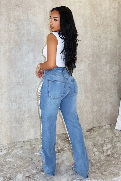 CM.YAYA Women Fashion Pearl Beading Ripped Hollow Out Tassel Wide Leg Jeans  New Summer INS Street Denim Pants Trousers