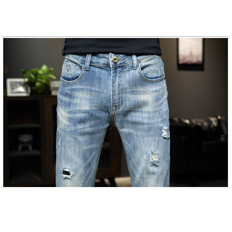 Korean Fashion Streetwear Cotton Men&#39;s Jeans Man Hole Denim Pants Classic Clothes Overalls Straight Trousers for Men Large Size