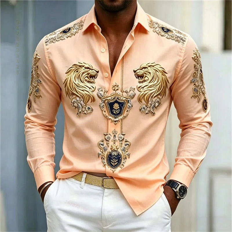 Men's shirt Baroque style shirt Lion head slim fit design long sleeved shirt Business casual street style men's clothing XS-6XL