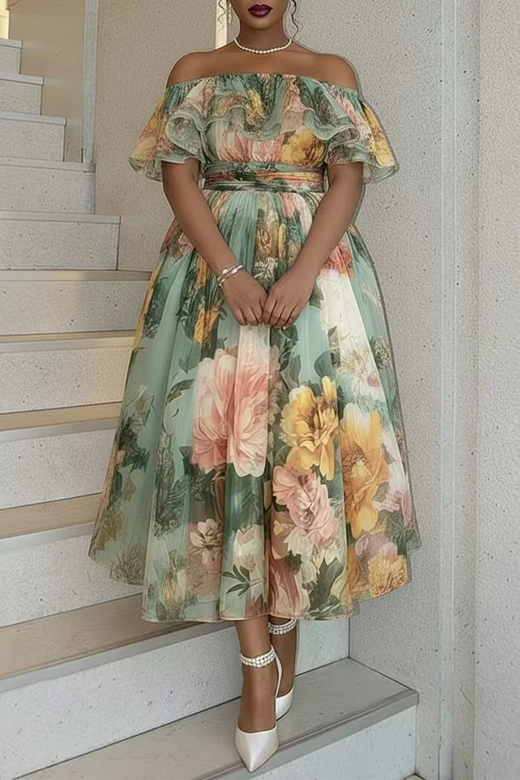 Plus Size Cocktail Party Sage Green Floral Off The Shoulder Ruffle Chiffon Maxi Dress A-Line Flowy Formal Dress for Women