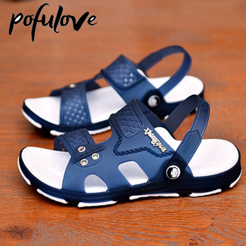 Pofulove Men Slippers Summer Sandals Outdoor Beach Casual Shoes Zapatos De Hombre Indoor Durable Anti Slip Peep Toe New