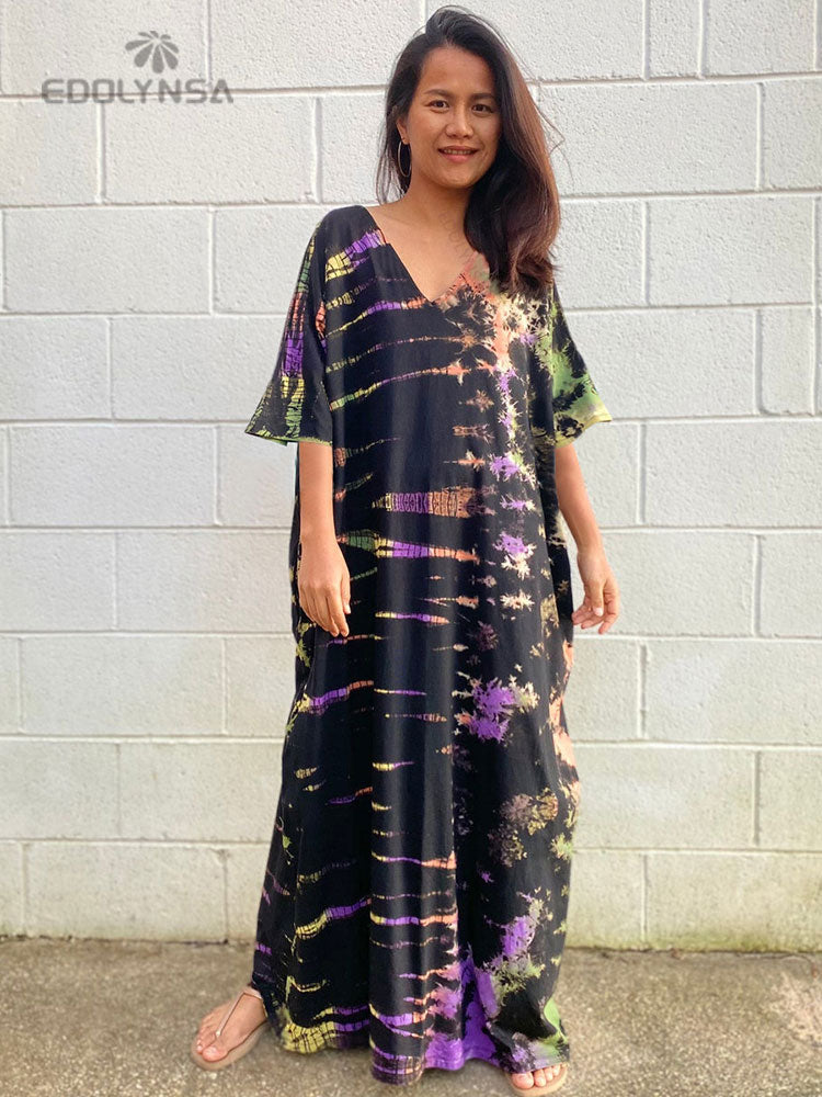 Bohemian Printed V-neck Batwing Sleeve Side Split Loose Dress For Women Clothes Plus Size Beachwear Maxi Dresses Q1218