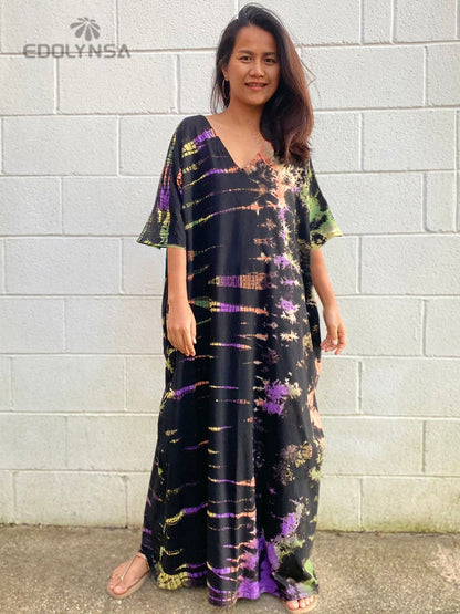 Bohemian Printed V-neck Batwing Sleeve Side Split Loose Dress For Women Clothes Plus Size Beachwear Maxi Dresses Q1218